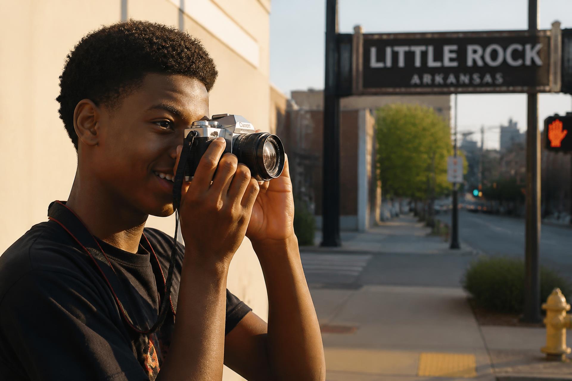 A young photographer shooting on a Little Rock street at golden hour